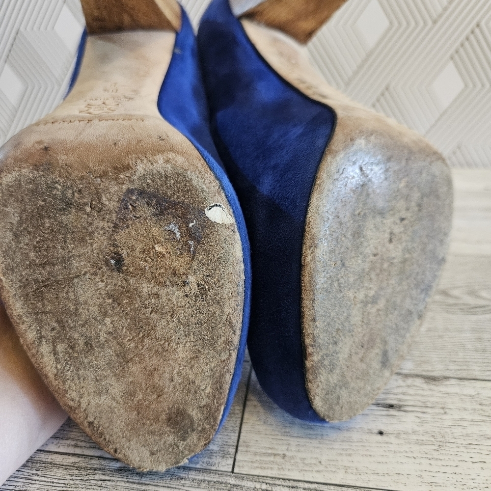LOEFFLER RANDALL Suede High Wooden Heels Blue Size 6.5B - Picture 7 of 9